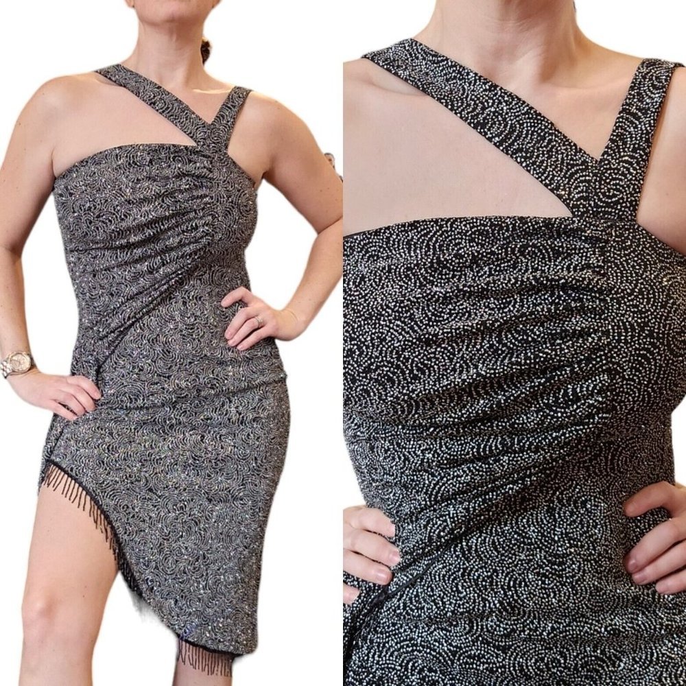 90s Y2K Black Sparkle Silver Glitter Stretch Cocktail Dress Fringe Side Slit Sm